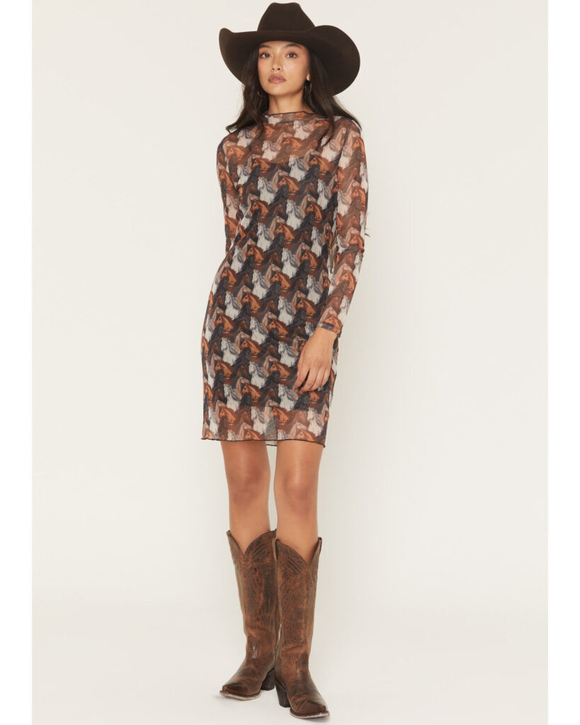 Horse Print Long Sleeve Mesh Mini Dress